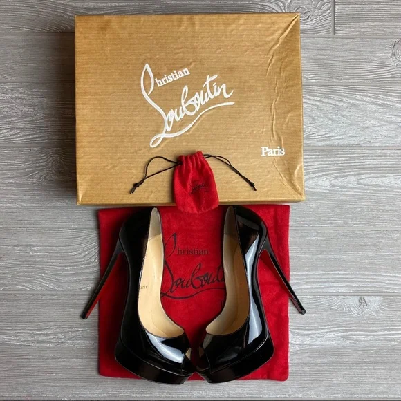 Christian Louboutin Heels Black Patent Lady Peep Toe Pumps 10.5 Red Bottoms - Picture 6 of 13